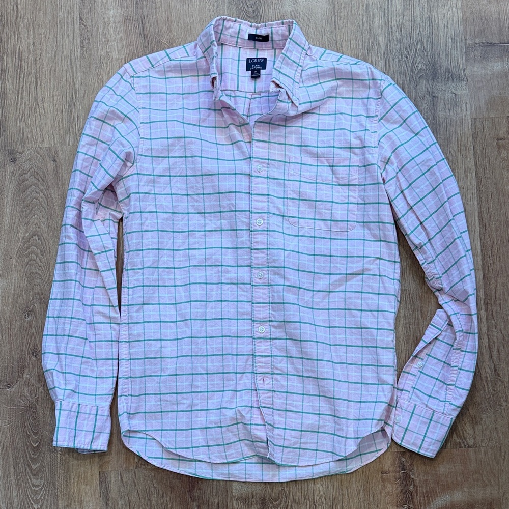J. Crew Pink and Green Plaid Button-Down Shirt